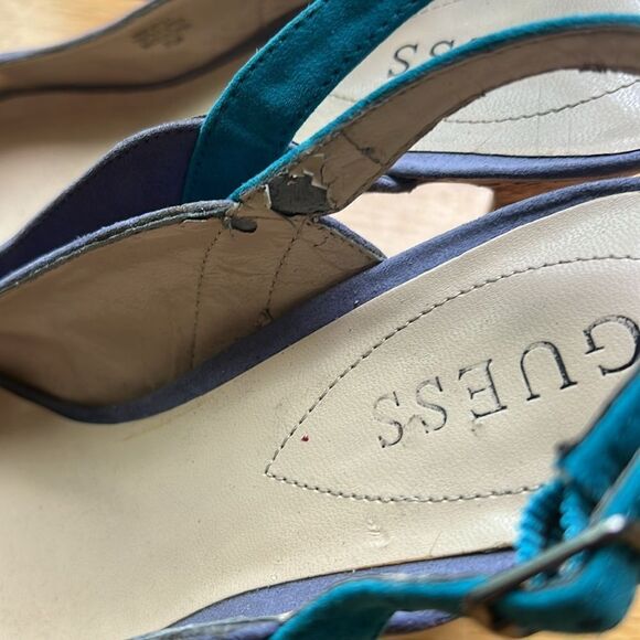 Guess Suede Multicolor Blue Gray Purple  Slingback Cork Heel Shoes  Sandals  8.5 - Picture 12 of 12